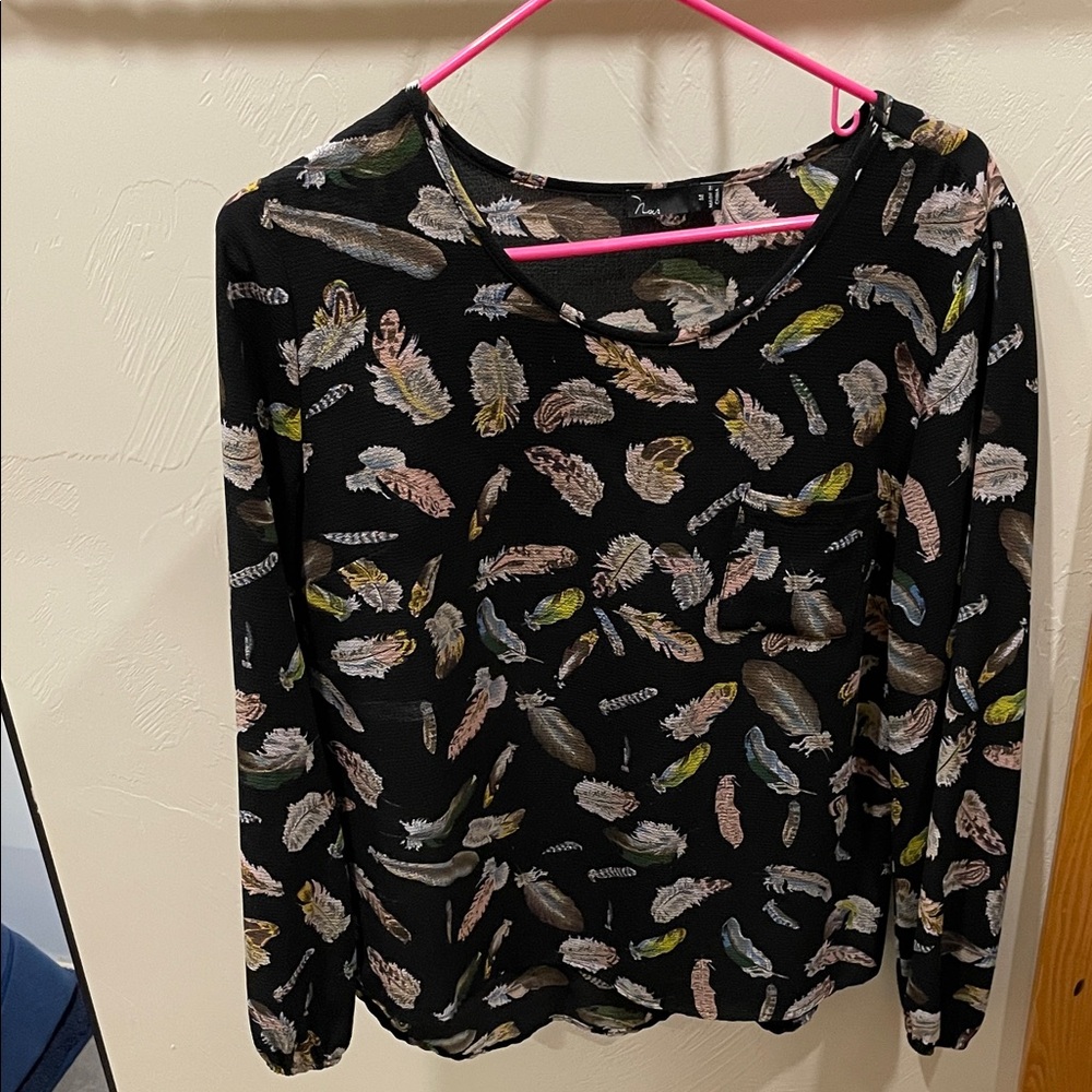 Blanc Noir Black Feather Print Blouse